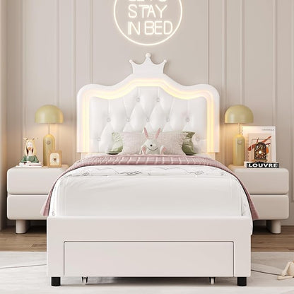 Keyluv Twin Upholstered LED Bed Frame with Storage Drawer, Leather Princess Platform Bed with Adjustable Crystal Button Tufted Crown Headboard, Solid Wooden Slats Support, No Box Spring Needed, White