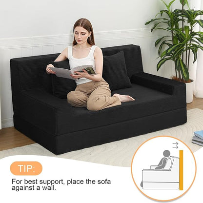 MeMoreCool Folding Sofa Bed Boneless Couch, 59" Loveseat Convertible Futon, Corduroy Foldable 2-in-1 Floor Sleeper for Small Living Room, Apartment, Guest Room, Foam Support & Washable Cover, Black