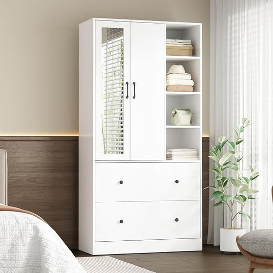 Homsee Wardrobe Armoire Wooden Closet with Mirror, 2 Doors, 2 Drawers, 4 Open Storage Cubes and Hanging Rod for Bedroom, White