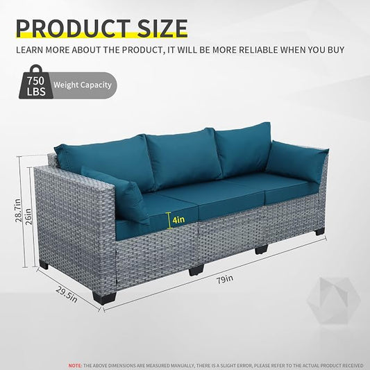 Lviden Outdoor Couch 3-seat Patio Sofa Outdoor Furniture Deep Seat High Backrest Patio Couch with Non-Slip Cushions and Waterproof Cover, Peacock Blue