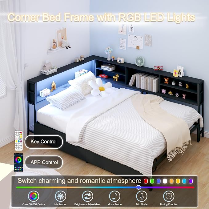 KEIKI Full Size Corner Bed Frames with Storage Drawers, Charging Station, Led Light & Bookcase Headboard, Wooden & Metal L-Shaped Captain Daybed for Small Room, Bedroom, Guest Room, kids'Room, Black