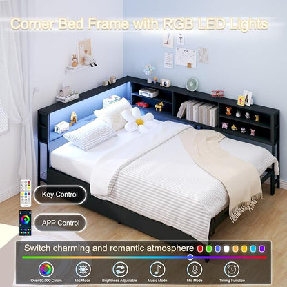 KEIKI Full Size Corner Bed Frames with Storage Drawers, Charging Station, Led Light & Bookcase Headboard, Wooden & Metal L-Shaped Captain Daybed for Small Room, Bedroom, Guest Room, kids'Room, Black