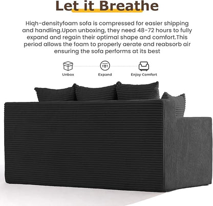 3 Seater Boneless Couch for Living Room, Convertible Futon Sofa Bed Comfy Pull Out Couch with 5 Pillows & Detachable Washable Cover, Upholstered Floor Sofa in A Box, No Assembly Required, Black