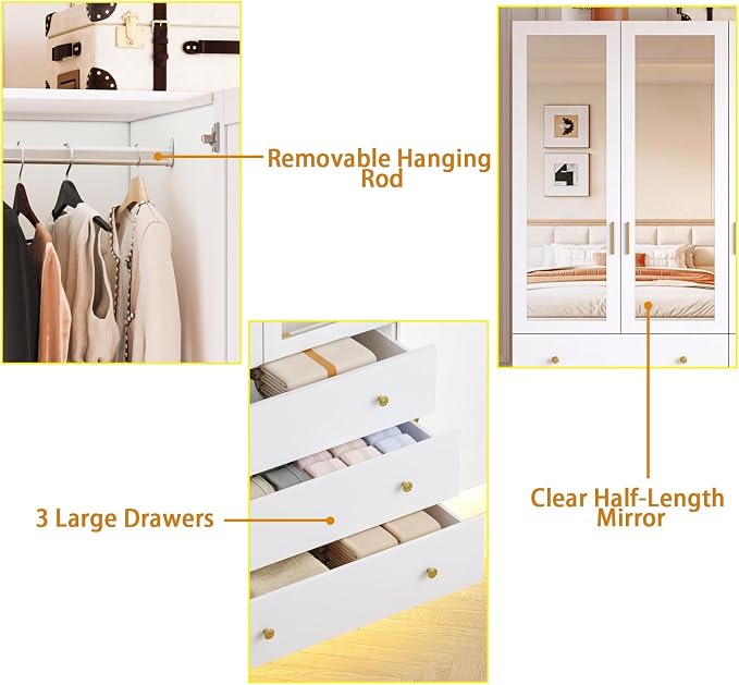 3 Doors LED Wardrobe Closet, 75" Tall Modern Armoire with Mirror & 3 Drawers, Wooden Armoire Wardrobe Closet for Bedroom, Hanging Rod, Freestanding Clothing Storage Cabinet, White