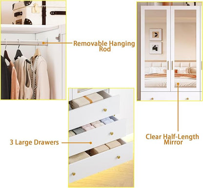 3 Doors LED Wardrobe Closet, 75" Tall Modern Armoire with Mirror & 3 Drawers, Wooden Armoire Wardrobe Closet for Bedroom, Hanging Rod, Freestanding Clothing Storage Cabinet, White