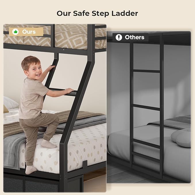 BTHFST Twin Over Full Bunk Bed with Trundle & 6 Storage Drawers, Bunk Bed with LED Lights, Heavy Duty Metal Bunkbeds with Ladder and Full-Length Guardrail, Space Saving, Black