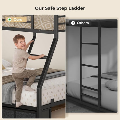 BTHFST Twin Over Full Bunk Bed with Trundle & 6 Storage Drawers, Bunk Bed with LED Lights, Heavy Duty Metal Bunkbeds with Ladder and Full-Length Guardrail, Space Saving, Black