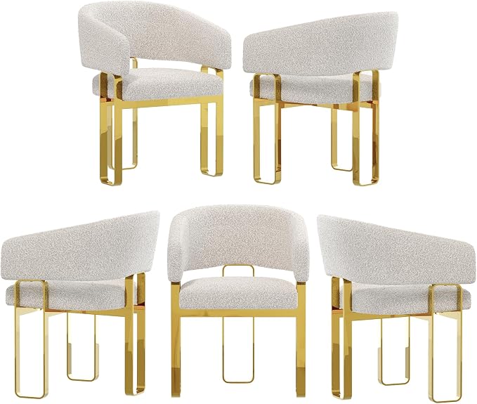 Dining Chairs Set of 5, White and Gold Barrel Boucle Dining Chairs with Arms and U-Shaped Mirrored Gold Legs, Contemporary Side Chairs for Dining Table, Kitchen and Dining Room Restaurant
