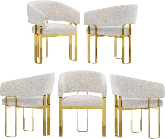 Dining Chairs Set of 5, White and Gold Barrel Boucle Dining Chairs with Arms and U-Shaped Mirrored Gold Legs, Contemporary Side Chairs for Dining Table, Kitchen and Dining Room Restaurant