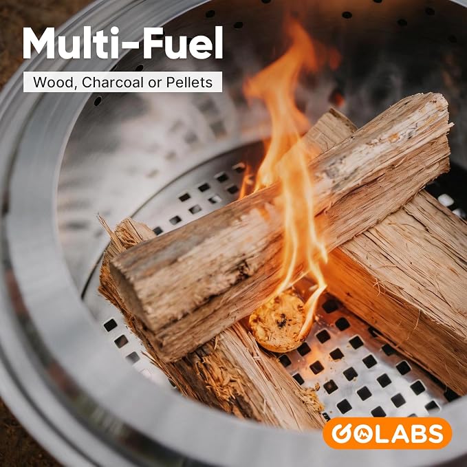 Golabs Smokeless Portable Fire Pit, 19.5" Stainless Steel, for Wood/Charcoal/Pellet Fuel, Portable with Sturdy Handles & Fire Cover, Suitable for 2-6 People, Perfect for Backyard, Picnics & Camping
