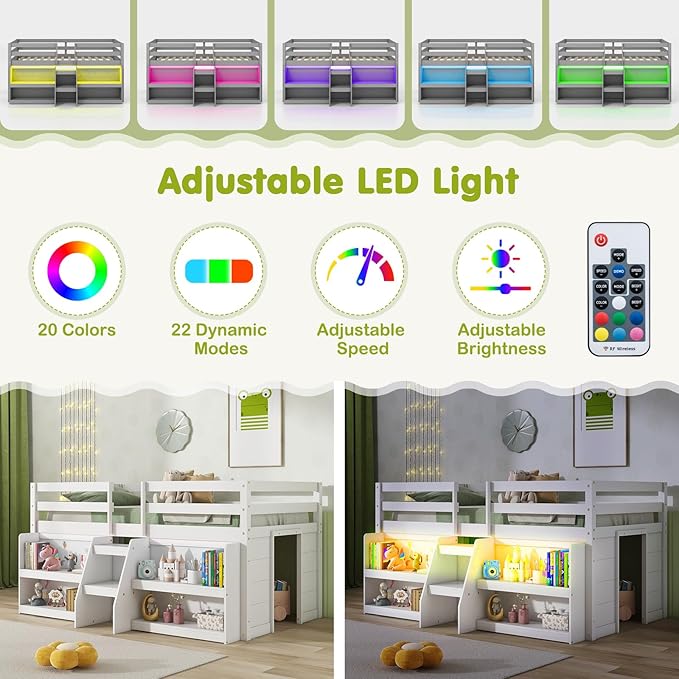 Giantex Twin Loft Bed with LED Lights, Wooden Loft Bed Twin Size with Stairs & Safety Guardrail, Low Loft Bed for Kids with Storage Bookcase and Under-Bed Play Space, White