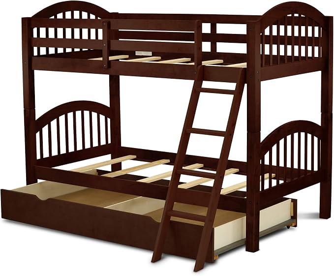 East West Furniture VEB-08-TU Solid Wood Bunk Beds Twin Over Twin with Guard Rail and Trundle, Java Finish