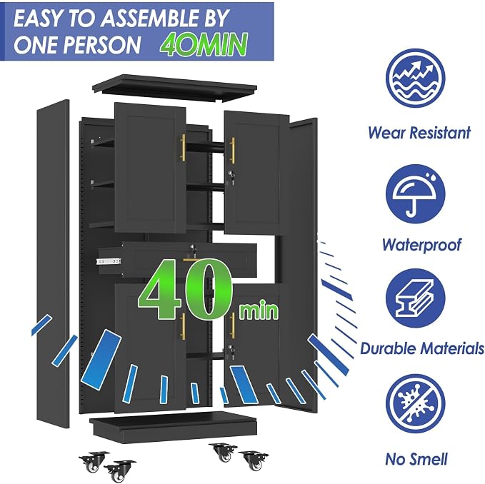 71" Metal Garage Storage Cabinet with Wheels and Locking Doors | Tall Rolling Steel Tool Cabinet with 3 Adjustable Shelves for Garage,Home Office(Black, 71" H x 35.43W x 15.74" D)