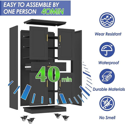 71" Metal Garage Storage Cabinet with Wheels and Locking Doors | Tall Rolling Steel Tool Cabinet with 3 Adjustable Shelves for Garage,Home Office(Black, 71" H x 35.43W x 15.74" D)