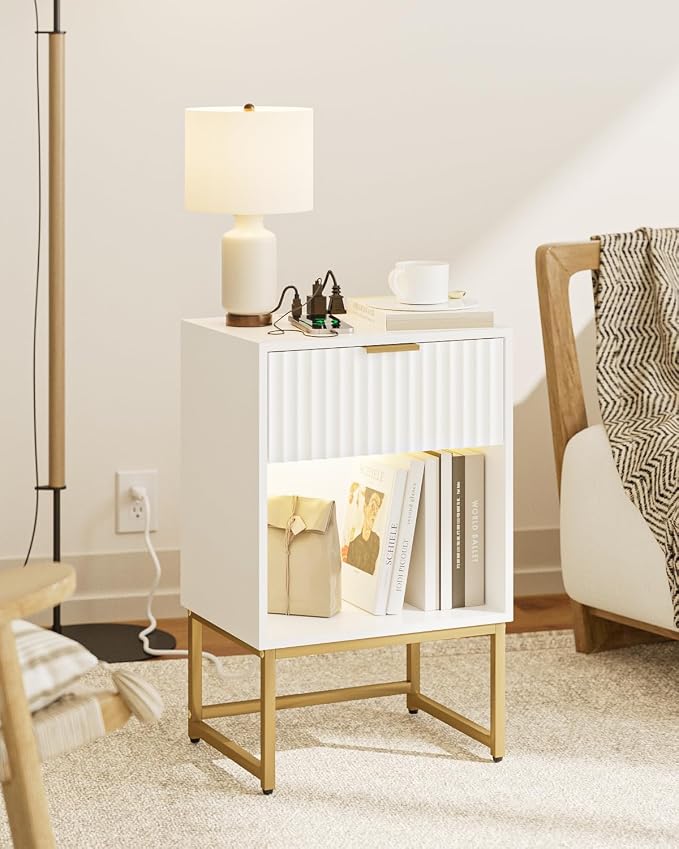 Masupu Fluted Nightstand with Charging Station and LED Lights,Modern Night Stand Wood Bedside Table with Storage Drawer Side End Table for Bedroom, Office,White