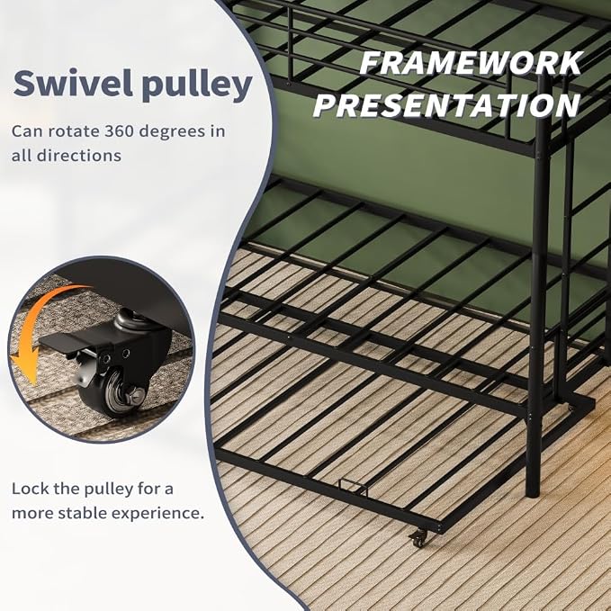 Metal Triple Bunk Bed, Twin Over Twins with Trundle, Heavy Duty Beds Frame with Ladder and Safety Rails for Small Bedroom, Space-Saving Noise Free (Black)