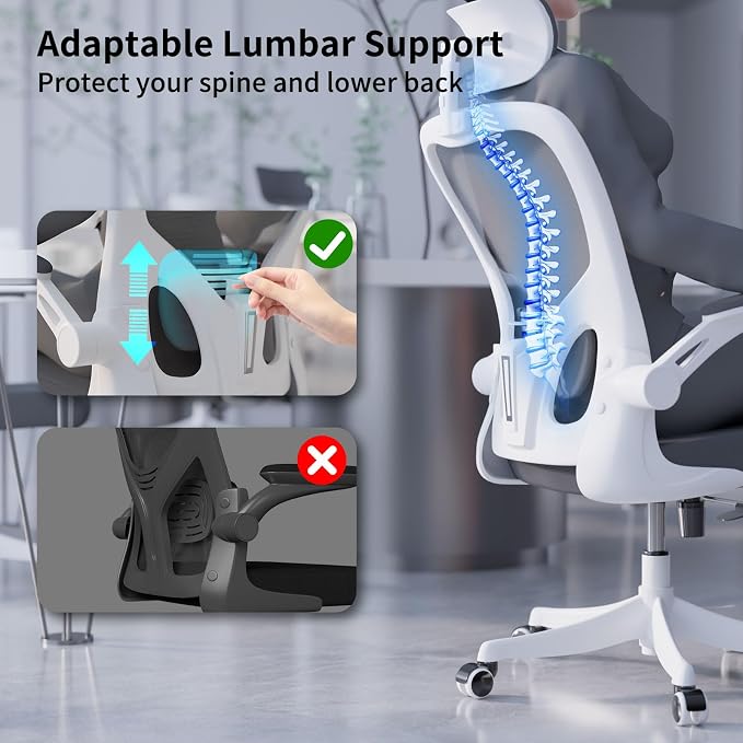 Monhey Ergonomic Office Chair, 90°-125° Tilt Back Home Desk Chair with 360° Swivel & Mute Wheels, High Back Mesh Computer Chair for Adults with Lumbar Support, 330 LBS Capacity(02White+Grey)