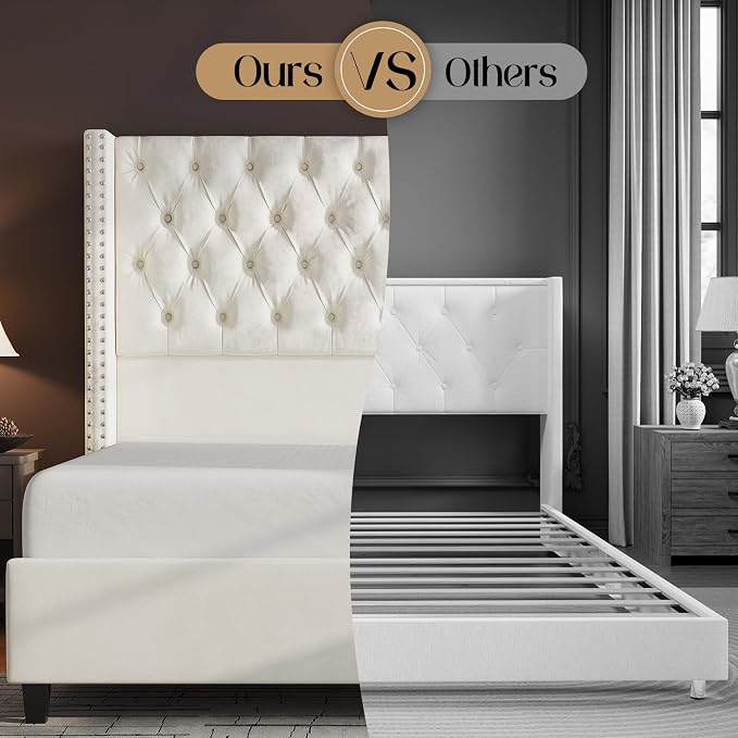 Jocisland Queen Size Bed Frame with 51.6” Wingback Tufted Velvet Headboard, Modern Upholstered Platform Bed, No Box Spring Needed, Easy Assembly, Cream