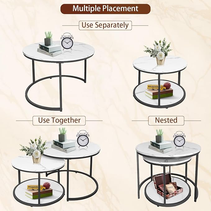 AT-VALY Coffee Table Set of 2 Nesting Tables,Round Side Table for Living Room, Small Accent Table with Storage (Black)