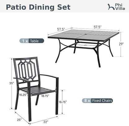 PHI VILLA 9 Pieces Outdoor Dining Set for 8, 57.5" Black Square Metal Table with Umbrella Hole & Stackable Wrought Iron Chairs, Large Outside Furniture Set for Patio, Deck, Yard, Porch