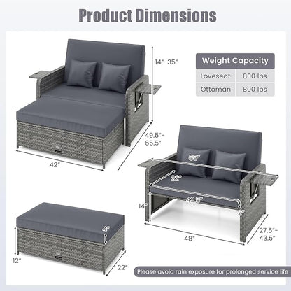 Tangkula Patio Rattan Daybed with 4-Level Adjustable Backrest, Outdoor PE Wicker Loveseat with Storage Ottoman & Folding Side Table, Double Sunbed for Balcony, Backyard & Poolside, Grey