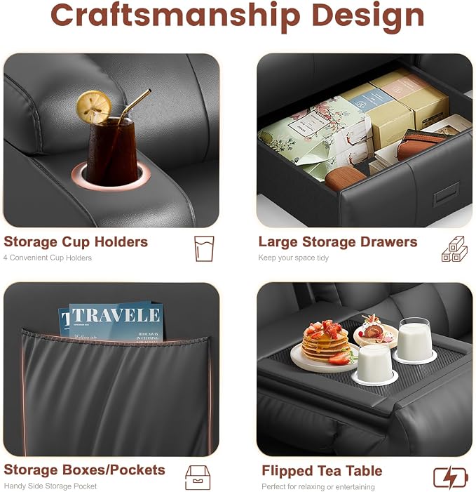 Loveseat Recliner, 3 Seater Massage Reclining Sofa Sets Heavy Weight Capacity, RV Loveseat Couch Clearance with Drop Down Table, Storage, Cup Holders, Wall Hugger Reclining Couch for Living Room