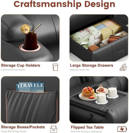 Loveseat Recliner, 3 Seater Massage Reclining Sofa Sets Heavy Weight Capacity, RV Loveseat Couch Clearance with Drop Down Table, Storage, Cup Holders, Wall Hugger Reclining Couch for Living Room