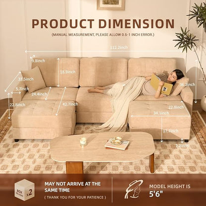 112" U Shaped Modular Cloud Sectional Couch, Waffle Fabric, Oatmeal Beige | Modular Deep Seat Sofa, Movable Ottoman, Pocket Spring Cushions, 2-Box Delivery, Living Room Lounge Use, Not Boneless