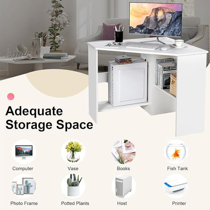 Tangkula White Corner Desk - 90 Degrees Triangle for Computer, Small Space, Bedroom, Makeup Vanity Desk with Storage Shelves & CPU Stand, Space Saving Writing Desk