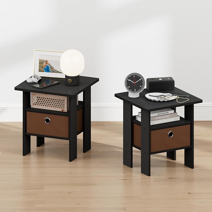 Furinno TIDUR 3-Tier Night Stand, Nightstand with Storage Bin, Americano | Open Shelf Design, Bedside Table, End Table, Side Table for Bedroom, Living Room