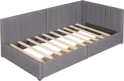 Merax Twin Size Upholstered Daybed with 2 Storage Drawers, Wooden Sofa Bed Frame, No Box Spring Needed, Linen Fabric, Gray