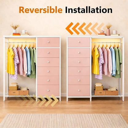 Simple Deluxe Storage Clothes Rack with 6 Drawers, Charging Station & LED Lights, Fabric Chest Shelves Clothing Rack, Wooden Portable Wardrobe Closet, 49.2" W x 15.7" D x 47.2" H, PINK