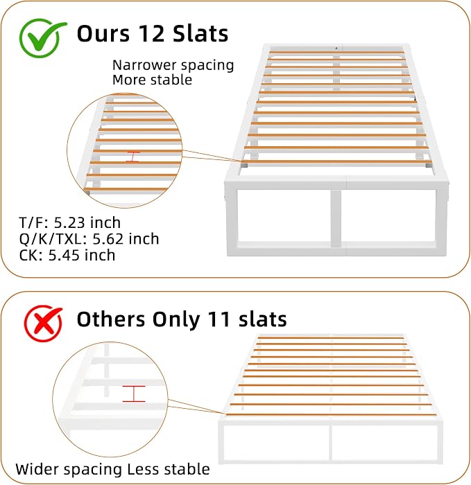 Twin Bed Frames, 14 Inch Metal Platform Bed Frame with Squeak Free U-Slot Design, 6 Non-Slip Guards, 3500lbs Heavy Duty Steel Slat Support, No Box Spring Needed, Under Bed Storage, White