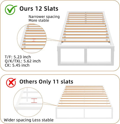Twin Bed Frames, 14 Inch Metal Platform Bed Frame with Squeak Free U-Slot Design, 6 Non-Slip Guards, 3500lbs Heavy Duty Steel Slat Support, No Box Spring Needed, Under Bed Storage, White