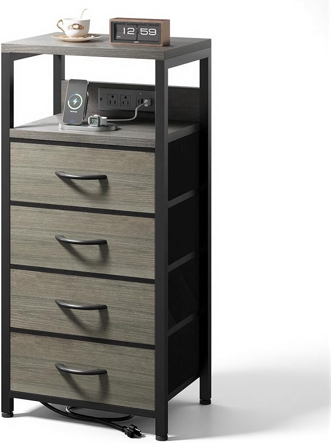 Lazzanto NightStand Bedside Charging Table Bedroom - Night Stand with Charger Station, Modern Nightstand with Open Shelf & 4 Fabric Drawers, End Table with USB-C USB Ports & AC Outlets for Dorm, Grey