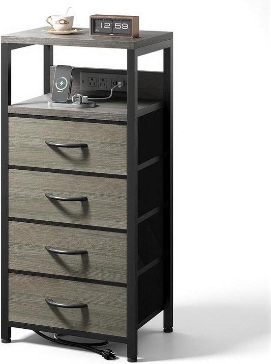 Lazzanto NightStand Bedside Charging Table Bedroom - Night Stand with Charger Station, Modern Nightstand with Open Shelf & 4 Fabric Drawers, End Table with USB-C USB Ports & AC Outlets for Dorm, Grey