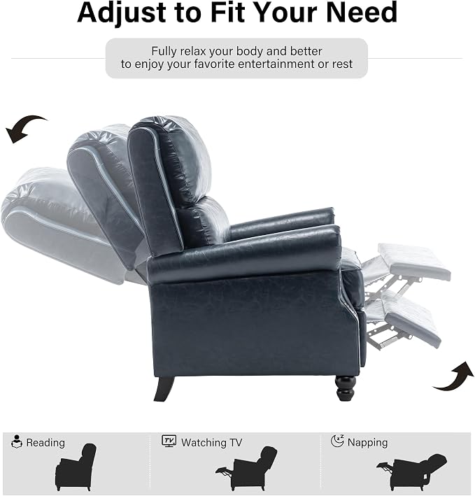Faux Leather Recliner Chair Set of 1, Modern Pushback Armchair with Adjustable Backrest & Footrest for Bedroom, Living Room -Dark Blue