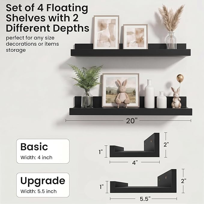 Axeman Picture Ledge Shelf | 20 Inch Floating Shelves Set of 4 | Black Wall Shelves with Lip | Black Picture Shelf for Wall with Ledge | Wood Photo Ledges for Living Room Bedroom