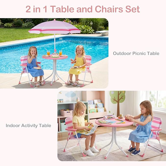 Olakids Kids Picnic Table, Outdoor Toddler Patio Furniture Set with 2 Folding Chairs Adjustable Foldable Umbrella for Garden Backyard Beach (Pink)