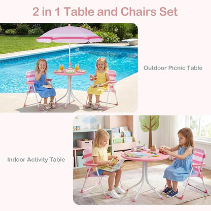 Olakids Kids Picnic Table, Outdoor Toddler Patio Furniture Set with 2 Folding Chairs Adjustable Foldable Umbrella for Garden Backyard Beach (Pink)