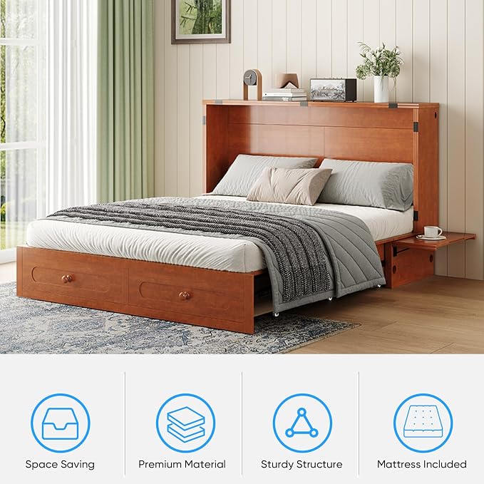 PUREMIND Queen Murphy Bed with Mattress Included, Folding Convertible Bed, Hideaway Cabinet Bed with Storage Drawer & USB Charging Station, Space Saving Wallbed for Small Spaces, Cherry
