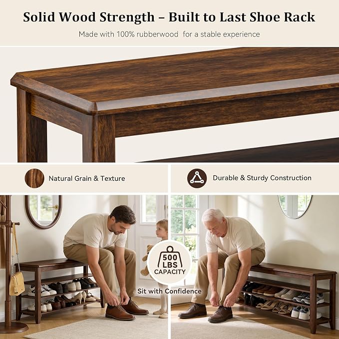Taitiy Shoe Bench Storage Rubberwood, Entryway Bench with 3-Tiers Height Adjustable, Shoe Rack Front Door Entrance Organizer for Hallway Living Room, Mudrooms, Walnut,39.4"