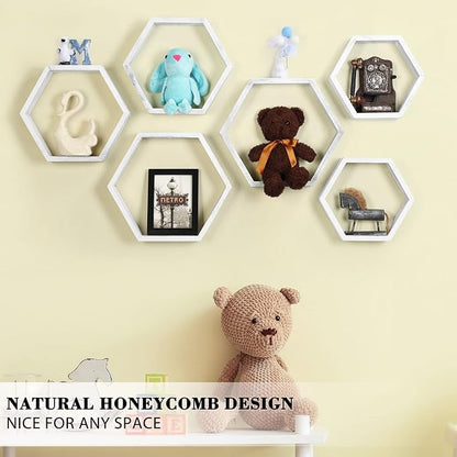 Hexagon Floating Shelves Set of 6, Wall Mounted Wood, Grey | Honeycomb Shelves, Wood Farmhouse Storage, for Wall Decor, Hanging Shelves, for Bedroom Living Room Nursery, Free Combination