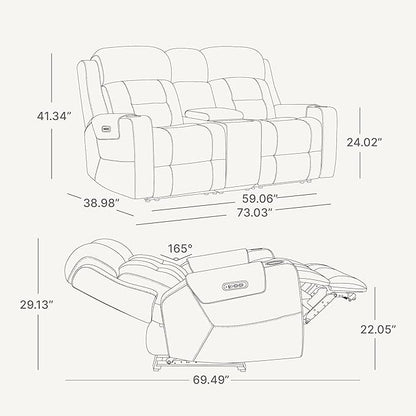 Watson & Whitely Genuine Leather Power Loveseat Recliner Sofa, Lay Flat Reclining Sofa with Console, Power Headrest, Cup Holders & Wireless Charging, Dual Recliner for Living Room, Grey