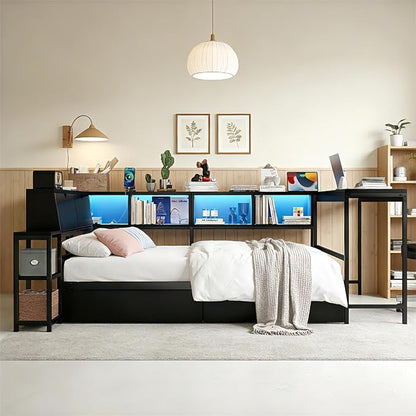 Bellemave Full Size Corner Bed Frame with Storage Bookcase & 2 Drawers, Modern Metal Full Daybed with LED Lights & Charging Station, Reversible Full Corner Bed with Desk for Space-Saving, Black