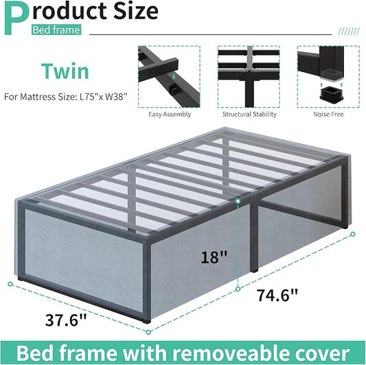 Lutown-Teen 18 Inch Twin Bed Frames with Cover Skirt, Heavy Duty Metal Twin Size Platform Bed Frame No Box Spring Needed, Noise Free, Easy Assembly, Black and Blue