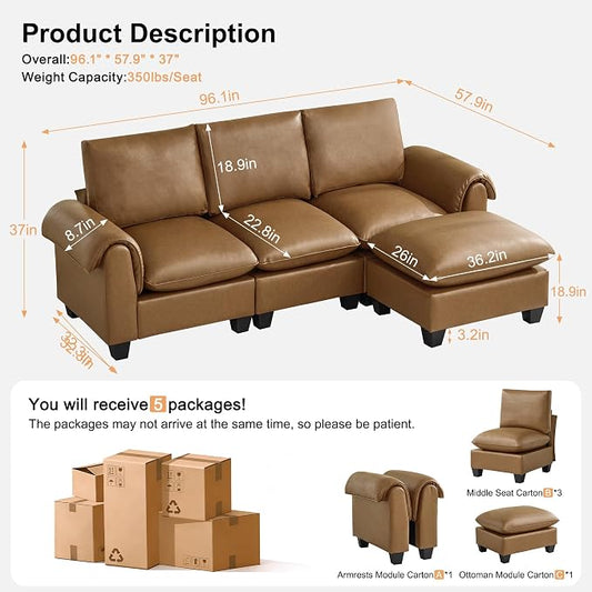 96" Faux Leather Modular Sectional Sofa with Movable Ottoman, Oversized 3 Seater Couch with Curved Armrests, Cloud Modern L-Shaped Sofa Deep Seat for Living Room, Light Brown