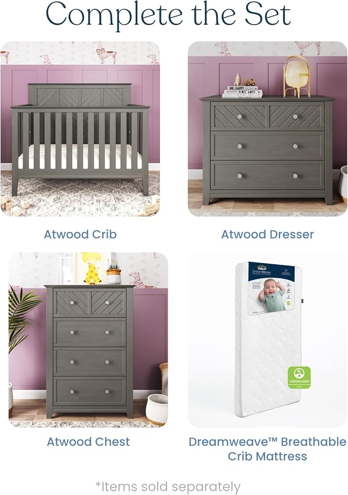 Child Craft Atwood 4-in-1 Convertible Baby Crib, Wooden Nursery Furniture Converts to Daybed, Toddler Bed and Full-Size Bed, 3 Mattress Height Adjustments, Non-Toxic Baby Safe Finish, Lunar Gray | 4-in-1 Crib