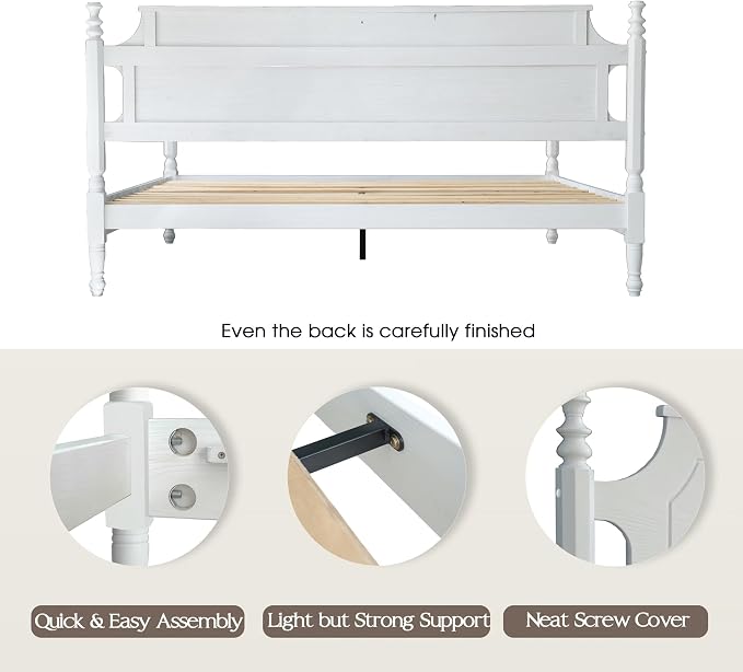 Solid Wood King Size Platform Bed Frame, A Headboard & Footboard, Under Bed Storage, 12 Strong Slats with Center Metal Legs, Anti-Noise & Slip-Free, No Box Spring Needed, Pure White Finish, ROK-39