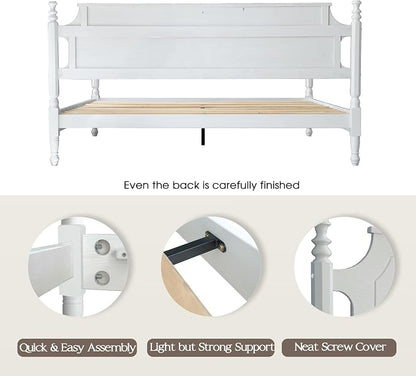 Solid Wood King Size Platform Bed Frame, A Headboard & Footboard, Under Bed Storage, 12 Strong Slats with Center Metal Legs, Anti-Noise & Slip-Free, No Box Spring Needed, Pure White Finish, ROK-39